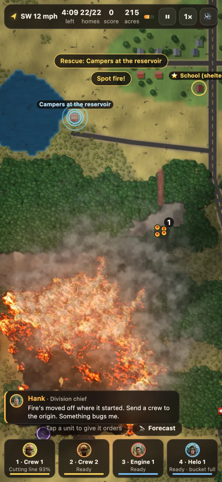 The game mid-fight: fire spreading across a forested valley toward a lake, with crews cutting line and a rescue call for campers at the lake.